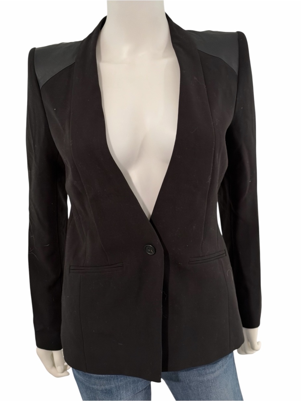 Trouve Black Single-Button Blazer with Faux Leather Shoulders
